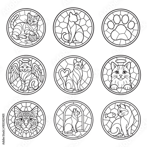 Bundle of Cat Mosaic design, Stained Glass Cat, Line Art Mandala Circle, Cat Lover, Animal Mosaic Tile illustration