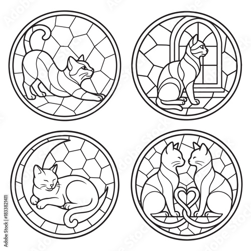 Pack of Cat Mosaic design, Stained Glass Cat, Line Art Mandala Circle, Cat Lover, Animal Mosaic Tile illustration
