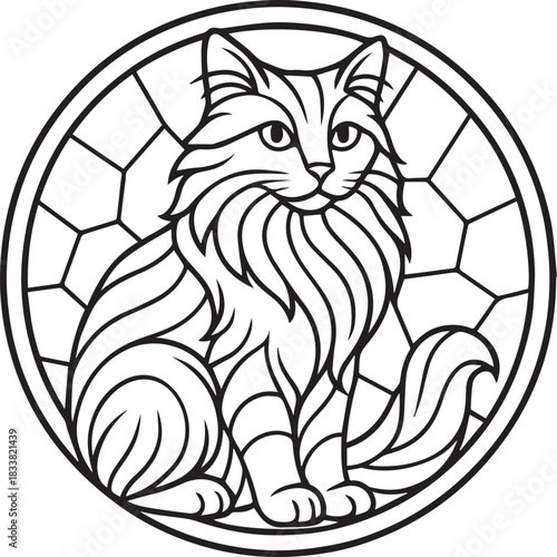 Fluffy Long-Hair Cat Mosaic design, Cat Mosaic, Stained Glass Cat, Line Art Mandala Circle, Cat Lover, Animal Mosaic Tile illustration
