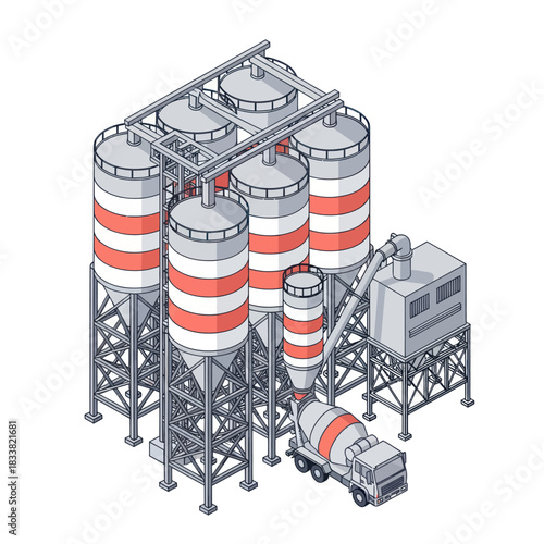 Isometric Concrete Batching Plant with Cement Mixer Truck.