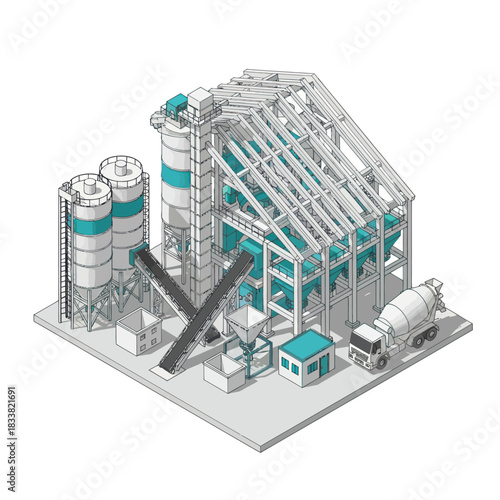 Isometric illustration of a modern concrete mixing plant facility.