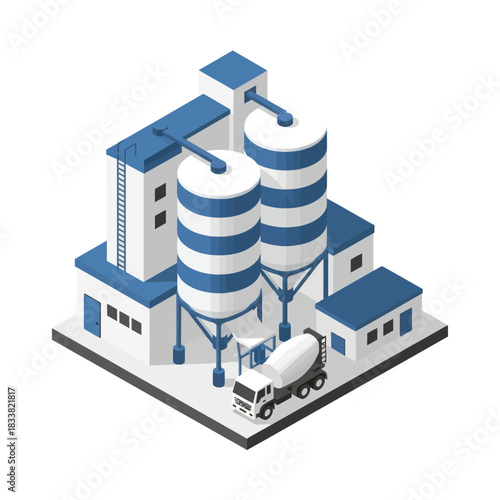 Isometric cement factory with silos and truck illustration.