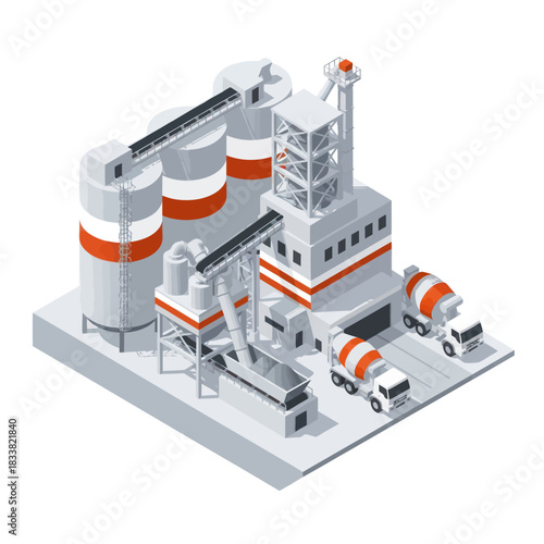 Isometric Concrete Plant with Cement Mixers and Silos.
