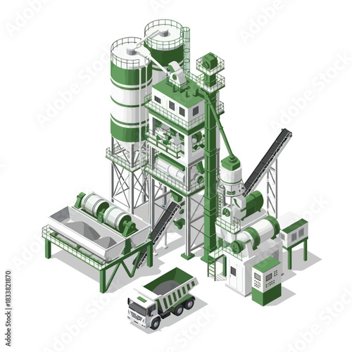 Isometric Concrete Batching Plant Illustration.