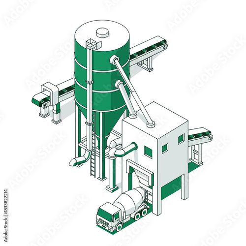 Isometric View of Concrete Batching Plant with Mixer Truck.