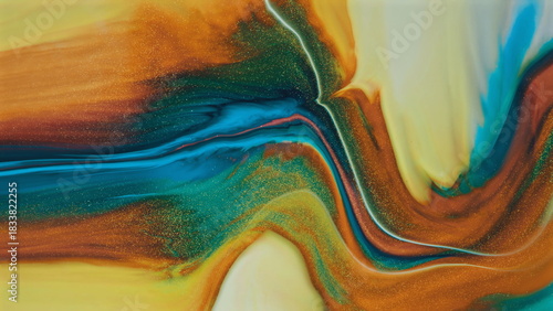 Vibrant abstract fluid art with shimmering colors and dynamic swirls