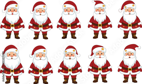 Mega Bundle of Ten Adorable Flat Vector Cartoon Illustrations of Santa Claus with Different Smiling Expressions and Poses, Each Wearing the Classic Red Suit and a Star on the Hat