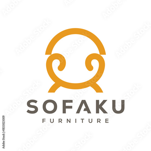 Simple Minimalist Furniture Logo. Interior Sofa Chair with Modern Line art Outline Style. Furnishing Interior Logo Design Template.