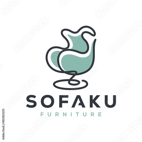 Simple Minimalist Furniture Logo. Interior Sofa Chair with Modern Line art Outline Style. Furnishing Interior Logo Design Template.