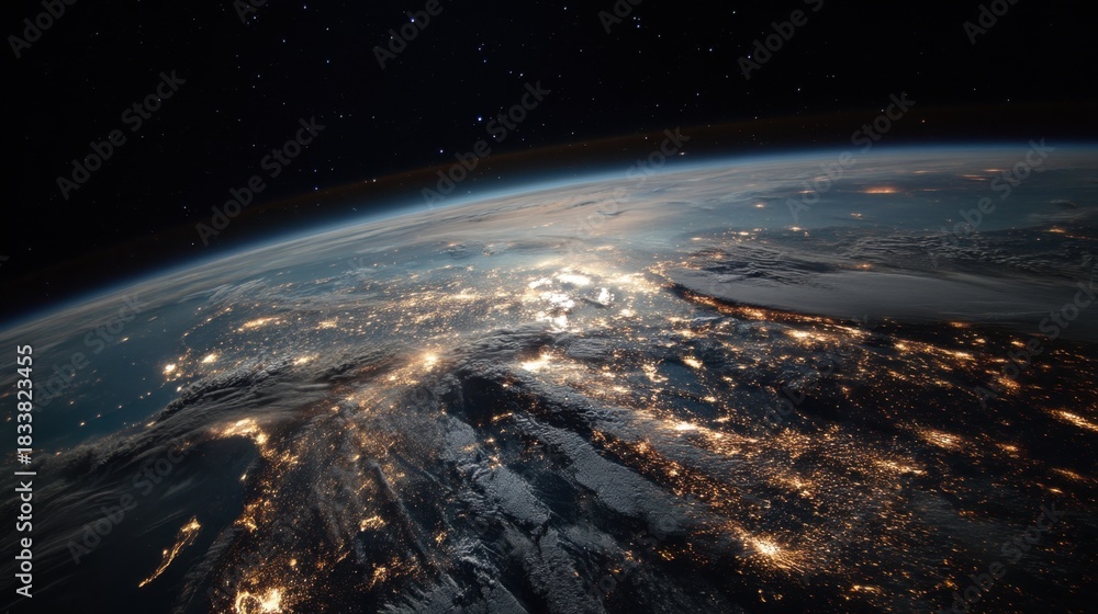 Fototapeta premium A view of the Earth at night, with the lights of cities and towns visible from space