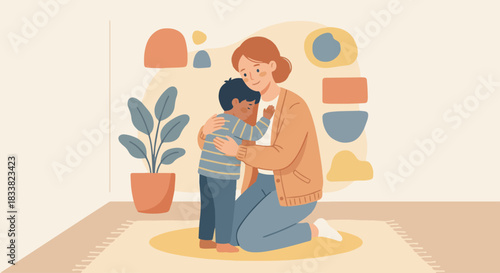 Teacher comforting a child who feels shy, flat gentle palette, warm minimal design, emotional support theme.”