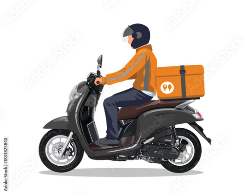 fast food delivery man icon logo sign Food free delivery sale job rider sit scooter box side view Scooter matic motorcycle drivers deliver orange uniforms. back box sale bag storing food app vector 