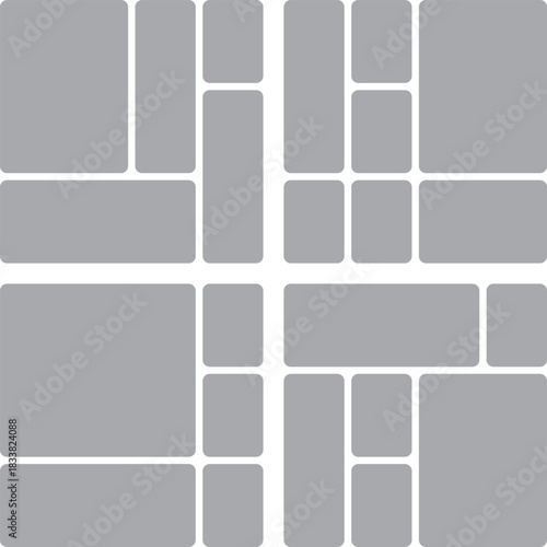 Bento grids a symmetrical collage template design featuring sixteen light blue rectangular and square photo placeholders with rounded corners separated by white lines ui ux grid