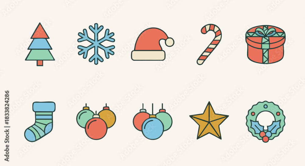 Fototapeta premium Flat Holiday Icons Bundle — Christmas Vector Graphics
