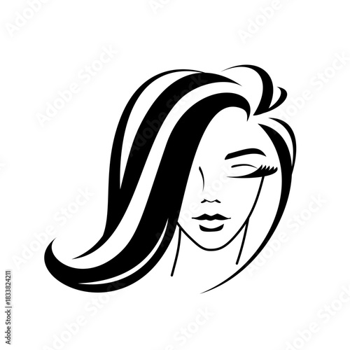 cosmetology, hairstyle, female face silhouette - vector logo on a white background. young girl, graceful lock of hair, eyelashes, lips. idea - style, hairdresser, beauty salon