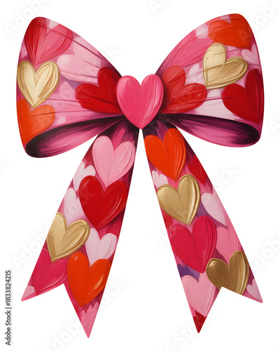Elegant pink bow with red and gold hearts for Valentine's Day gifts, romantic celebrations, and heartfelt decorations, perfect for love themed designs