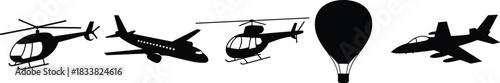 Collection of black silhouettes illustrating different modes of air travel, including passenger airplane, private jet, two helicopters, and a hot air balloon, representing flight, transport