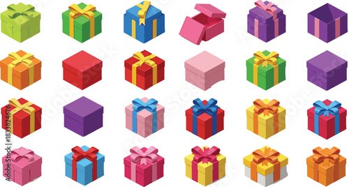 Colorful collection of assorted gift boxes with ribbons and bows, festive present packages in various shapes and colors, celebration, holiday, birthday, decorative wrapping