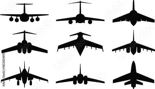 Aircraft silhouette collection, military and commercial jet front views, aviation plane icons set, airplane graphic shapes, black flight vehicle silhouettes for design