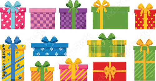 Colorful gift box collection with decorative ribbons, festive present illustrations, holiday packaging designs, celebration wrapped gifts, vibrant Christmas birthday surprise boxes artwork, cheerful 