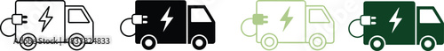Electric delivery truck icons, plug and lightning bolt symbol, black and green styles, eco transport vector, sustainable logistics, EV vehicle, minimal design