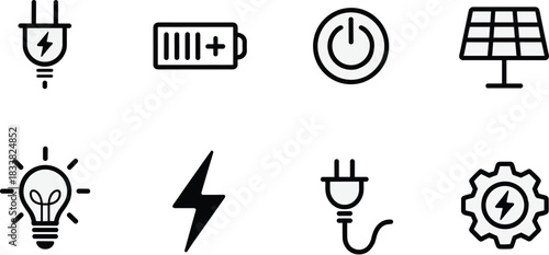 Electricity and energy icon set, black and white symbols, power plug, battery, solar panel, light bulb, gear, vector design, energy concept