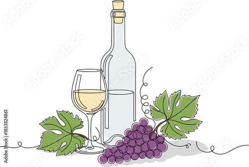 Elegant wine bottle with glass, grape cluster and vine leaves in continuous line art style, winery illustration, vineyard concept, beverage design, minimalist drawing