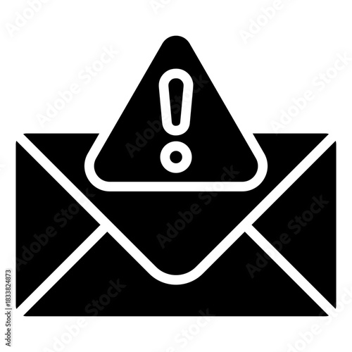 Warning Mail Glyph Black Silhouette Icon Design Vector - envelope with an exclamation mark representing an alert email, warning message, or urgent notification