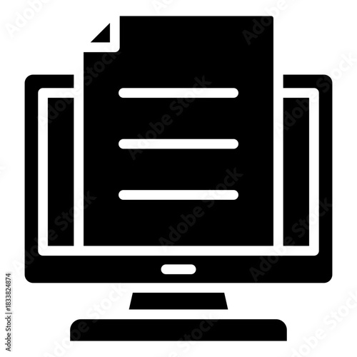 Digital Document Glyph Black Silhouette Icon Design Vector - document displayed on a computer monitor representing digital files, online reading, and virtual paperwork