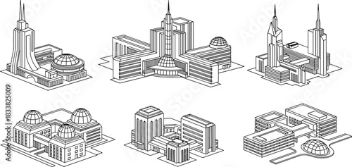 Isometric futuristic buildings with domes and towers, modern architectural complex illustration, detailed urban city structures, sci-fi style design elements for development and construction concepts