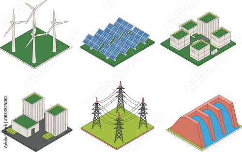 Isometric energy infrastructure icons, wind turbines, solar panels, hydroelectric dam, power plant, transmission towers, renewable energy sources, electricity generation, vector illustration, 