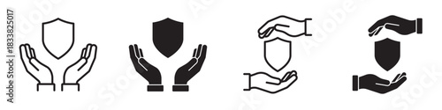 Shield protection with caring hands symbol of security, safety and support, defensive gesture showing guard, risk prevention and safe coverage concept in minimal protective style – stock vector