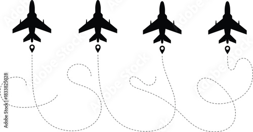 Jet airplane silhouette set, upward flight path icons, location pin graphic, travel direction concept, aviation vector design, black aircraft shapes, journey illustration