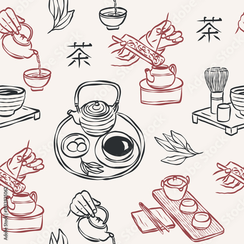 Retro tea ceremony elements seamless pattern