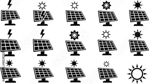 Solar panel icon set with sun energy symbols, renewable power illustrations, clean technology graphics, photovoltaic system icons, sustainable energy design elements, eco-friendly solar concepts