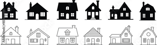 Stylized house icon set, silhouette and outline comparison, architectural design elements, roof and window shapes, residential vector graphic, home structure illustration