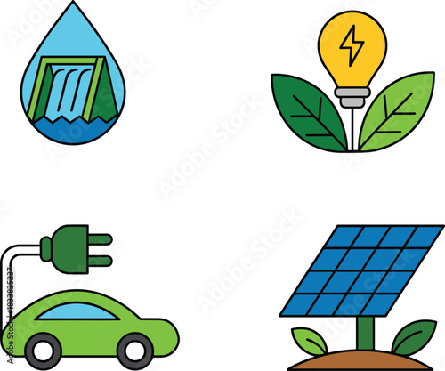 Sustainable energy icons, hydroelectric dam, green light bulb, electric car, solar panel with leaves, eco-friendly power, clean technology, vector illustration