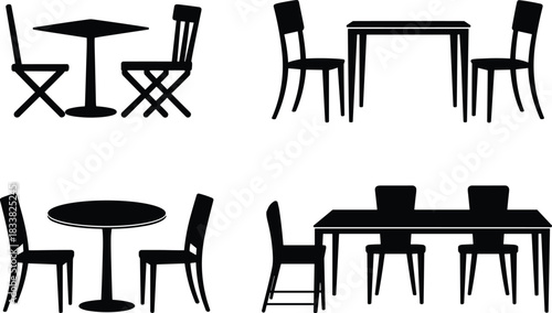 Table and chair set collection, dining furniture icons, modern seating design, square table, round table, folding chairs, interior decor, vector illustration