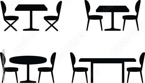 Table and chair silhouette set, dining furniture icons, seating arrangement graphic, interior decor concept, vector illustration, black shapes, minimalist design, home layout