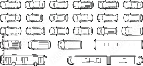 Top-down vector illustration of assorted cars, vans, SUVs, and articulated buses for urban planning, traffic design, transportation layouts, parking maps, and city infrastructure diagrams