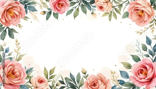 Watercolor Floral Invitation Card with Roses, Leaves, and Botanical Elements for Wedding Templates