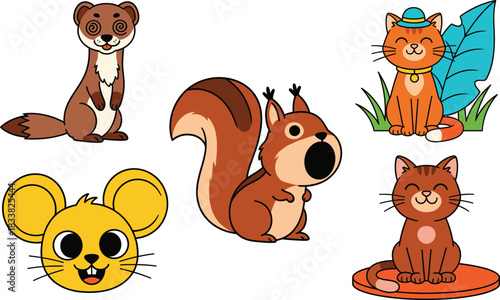 Collection of Five Adorable Vector Cartoon Forest and Domestic Animals Featuring a Mink with Swirly Eyes, a Squirrel, a Happy Mouse Head, and Two Cute Cats, One Wearing a Blue Hat