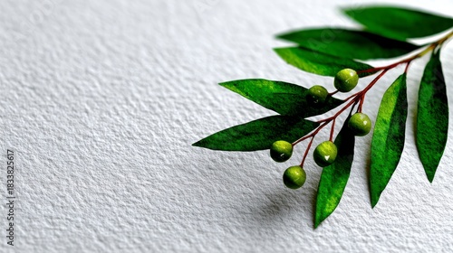 Green olive branch with unripe berries on a textured white background fruit