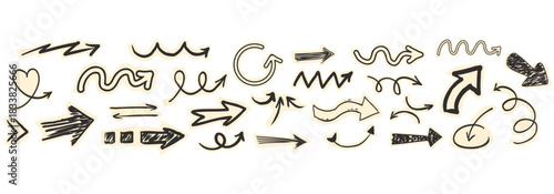 Scrapbook set with paper arrow cutout torn doodle scribble collage elements. Y2k swirl, up and down, right and left arrow collection.