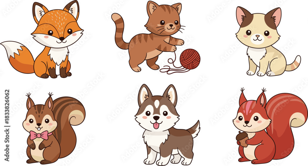 Obraz premium Adorable Vector Collection of Six Cute Cartoon Animals Featuring an Orange Fox, a Tabby Cat Playing with Yarn, a Happy Husky Puppy, and Two Sweet Squirrels with Acorns and a Bow Tie