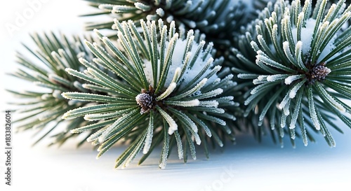 Close up of frosted pine needles on a white background.