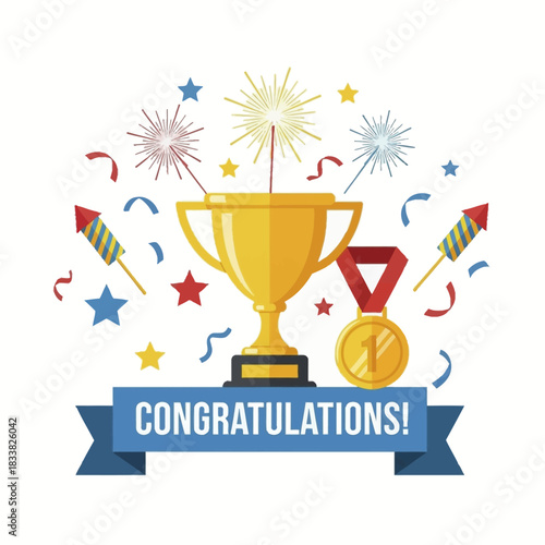 Golden trophy and medal with congratulations banner for victory.