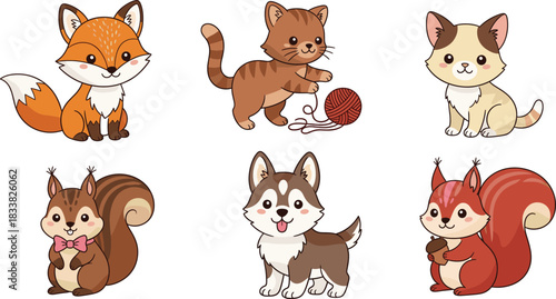 Adorable Vector Collection of Six Cute Cartoon Animals Featuring an Orange Fox, a Tabby Cat Playing with Yarn, a Happy Husky Puppy, and Two Sweet Squirrels with Acorns and a Bow Tie