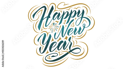 Elegant happy new year wishes with teal and gold lettering