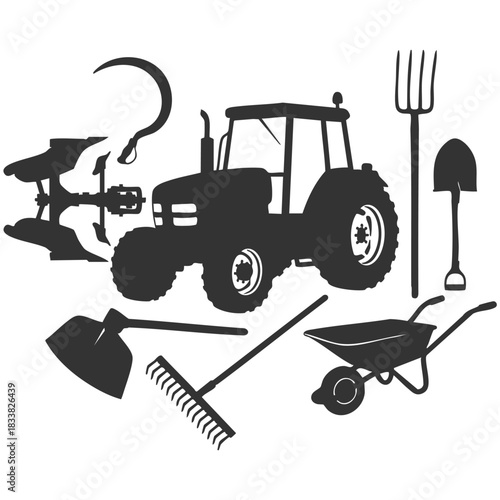 Tractor and Farming Tools Silhouette Set